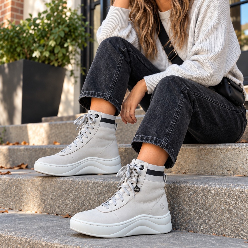 Timberland Ruby Ann High Top Leather Sneaker Boots Platform Taupe Women's 8.5